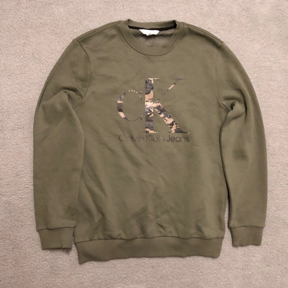 Calvin Klein Jeans Mens Olive Green Camo Logo Crewneck Sweatshirt Size M